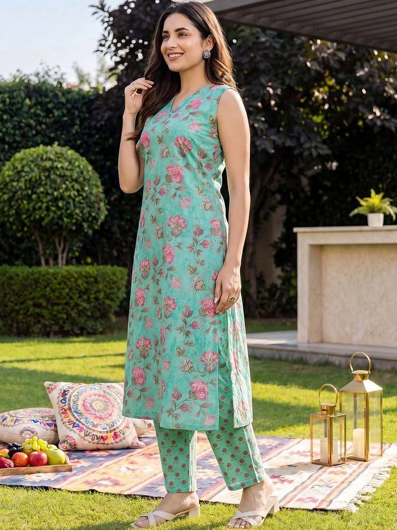 women floral printed regular cotton kurta with trousers