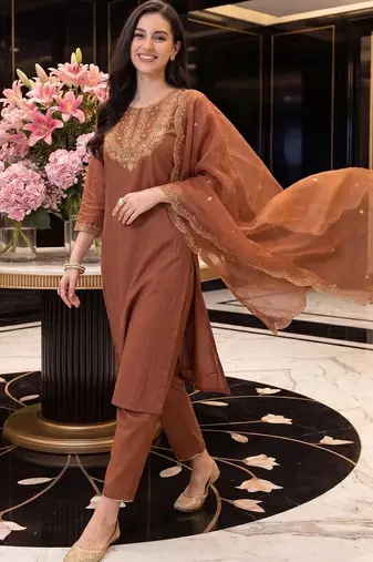 women ethnic motifs embroidered regular thread work liva kurta with trousers & with dupatta