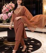 women ethnic motifs embroidered regular thread work liva kurta with trousers & with dupatta
