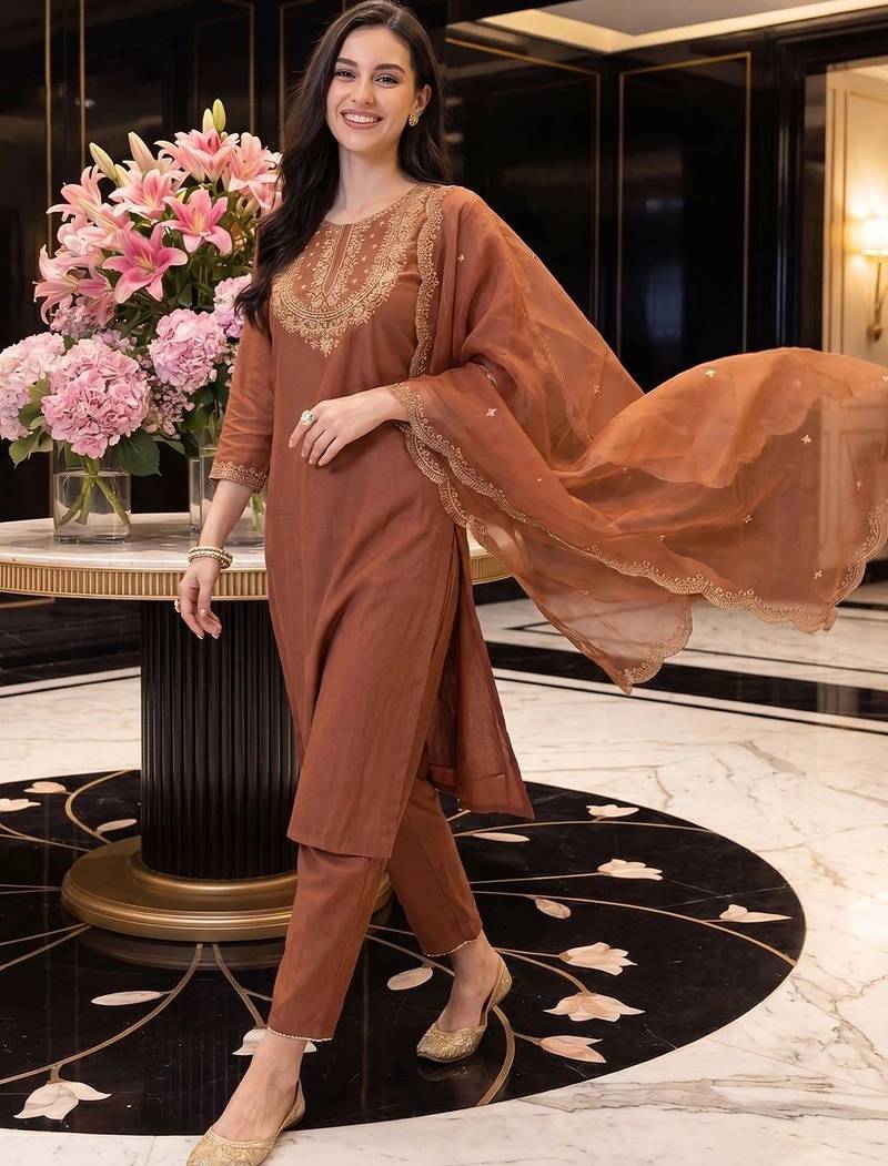 women ethnic motifs embroidered regular thread work liva kurta with trousers & with dupatta