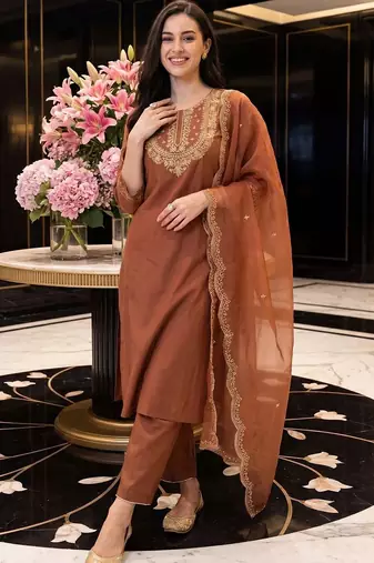 women ethnic motifs embroidered regular thread work liva kurta with trousers & with dupatta