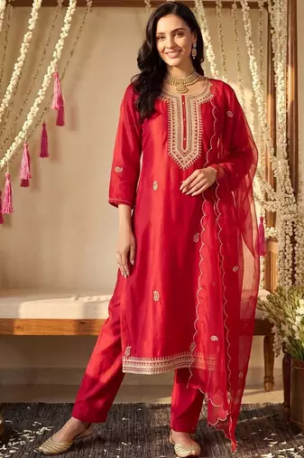 women ethnic motifs embroidered regular thread work kurta with trousers & with dupatta