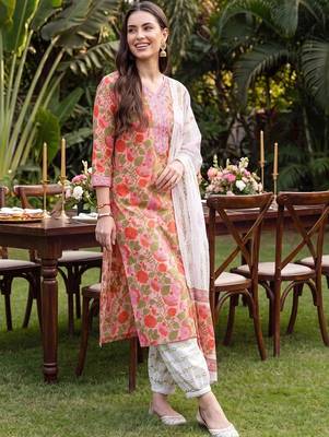 women floral printed regular thread work cotton kurta with palazzos & with dupatta 1