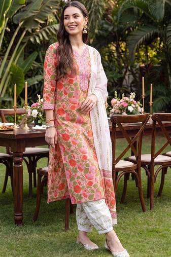 women floral printed regular thread work cotton kurta with palazzos & with dupatta