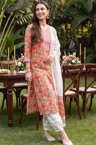 women floral printed regular thread work cotton kurta with palazzos & with dupatta