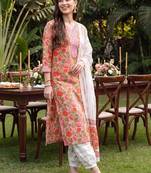 women floral printed regular thread work cotton kurta with palazzos & with dupatta
