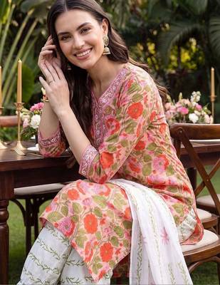 women floral printed regular thread work cotton kurta with palazzos & with dupatta 2