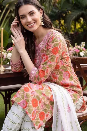 women floral printed regular thread work cotton kurta with palazzos & with dupatta