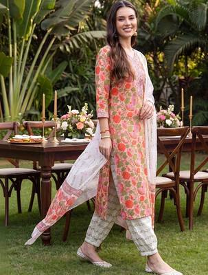 women floral printed regular thread work cotton kurta with palazzos & with dupatta 3