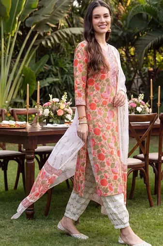 women floral printed regular thread work cotton kurta with palazzos & with dupatta