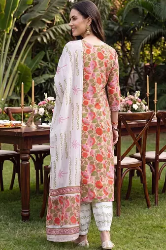 women floral printed regular thread work cotton kurta with palazzos & with dupatta