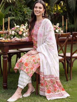 women floral printed regular thread work cotton kurta with palazzos & with dupatta 5