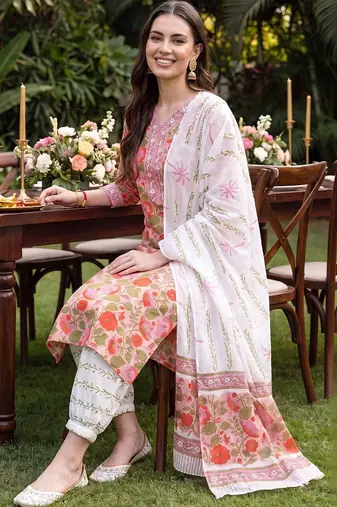 women floral printed regular thread work cotton kurta with palazzos & with dupatta
