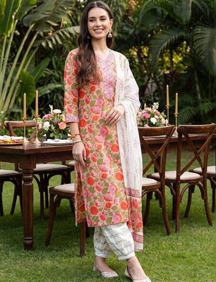 women floral printed regular thread work cotton kurta with palazzos & with dupatta 6