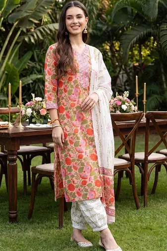 women floral printed regular thread work cotton kurta with palazzos & with dupatta