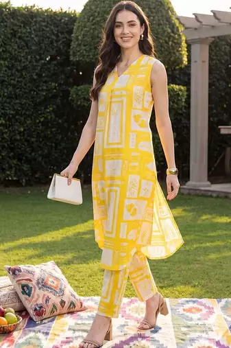 women printed regular cotton kurta with trousers