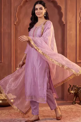 women ethnic motifs embroidered regular kurta with trousers & with dupatta