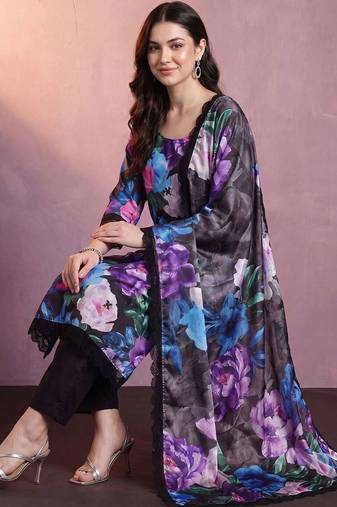 women floral printed regular kurta with trousers & with dupatta