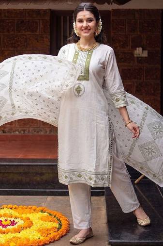 women ethnic motifs embroidered regular mirror work cotton kurta with trousers & with dupatta