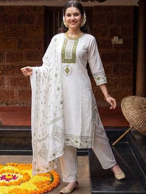 women ethnic motifs embroidered regular mirror work cotton kurta with trousers & with dupatta 6