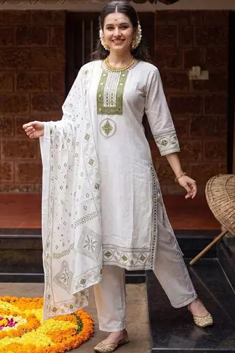 women ethnic motifs embroidered regular mirror work cotton kurta with trousers & with dupatta
