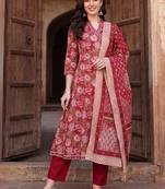 women floral printed regular cotton kurta with trousers & with dupatta
