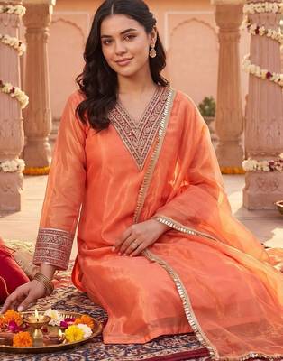 women regular thread work kurta with trousers & with dupatta 2