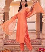 women regular thread work kurta with trousers & with dupatta