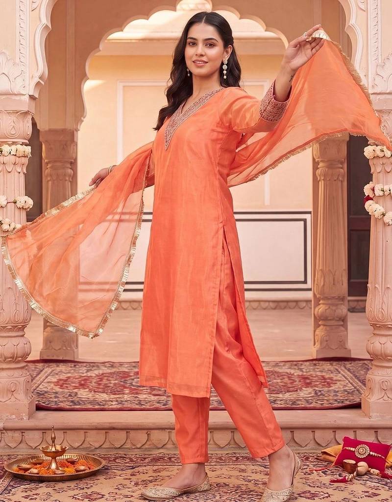 women regular thread work kurta with trousers & with dupatta