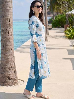 women floral printed regular cotton kurta with trousers 1
