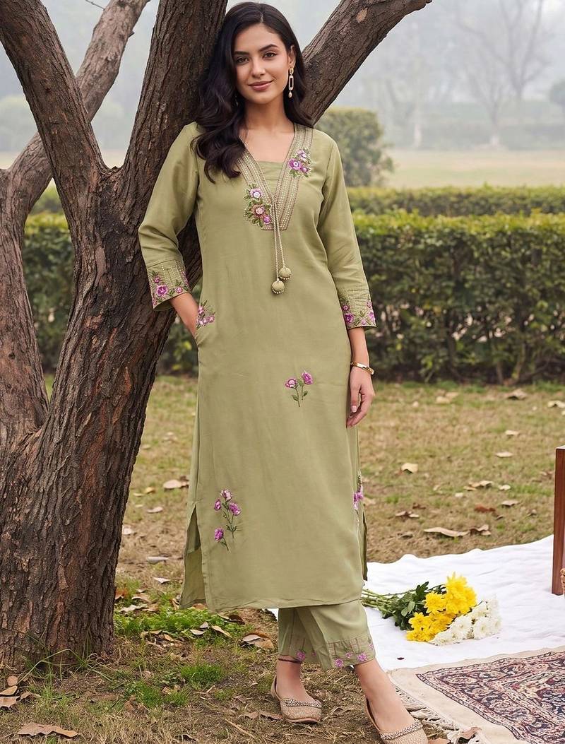 women floral embroidered regular thread work kurta with trousers