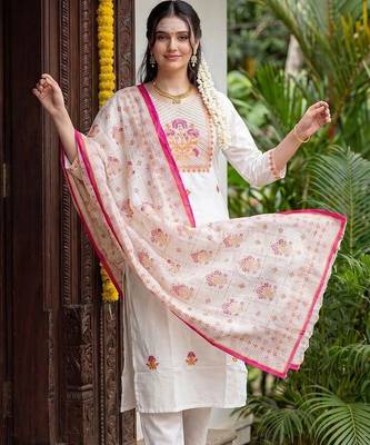 women floral embroidered regular thread work cotton kurta with trousers & with dupatta 6