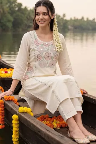 women floral embroidered regular sequinned cotton kurta with trousers