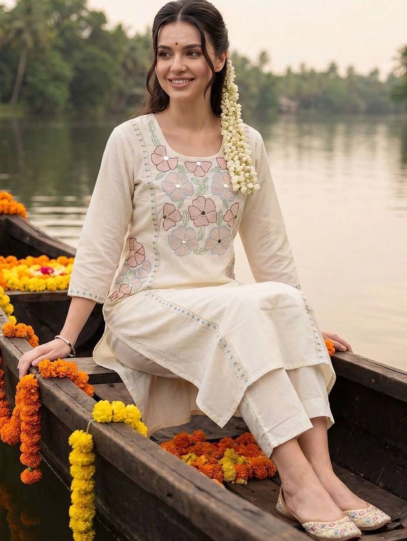women floral embroidered regular sequinned cotton kurta with trousers