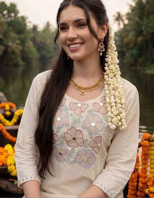 women floral embroidered regular sequinned cotton kurta with trousers 2