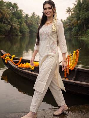 women floral embroidered regular sequinned cotton kurta with trousers 3