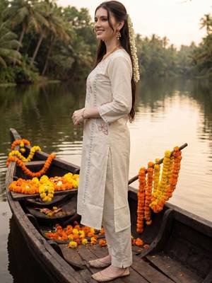 women floral embroidered regular sequinned cotton kurta with trousers 5