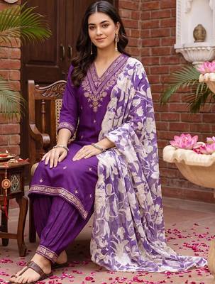 women ethnic motifs embroidered regular thread work kurta with patiala & with dupatta 5