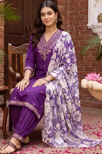women ethnic motifs embroidered regular thread work kurta with patiala & with dupatta