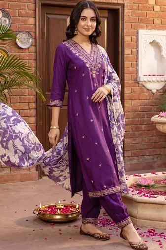 women ethnic motifs embroidered regular thread work kurta with patiala & with dupatta