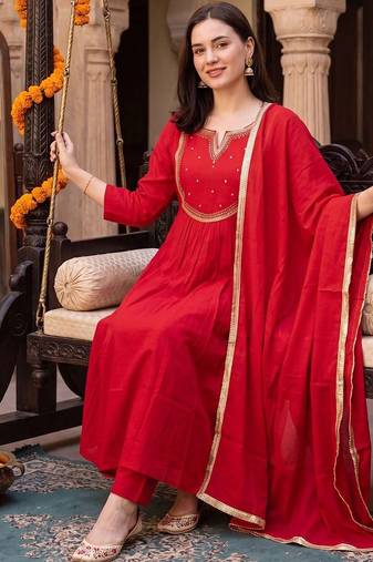 women embroidered regular thread work kurta with trousers & with dupatta