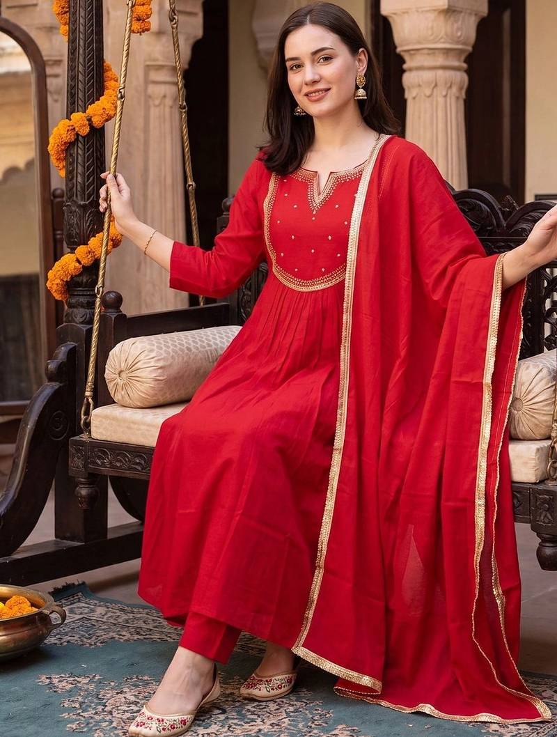 women embroidered regular thread work kurta with trousers & with dupatta