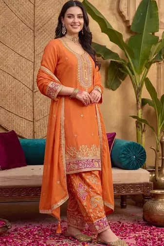women ethnic motifs embroidered regular thread work kurta with trousers & with dupatta
