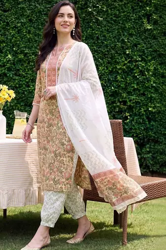 women floral printed regular cotton kurta with pyjamas & with dupatta