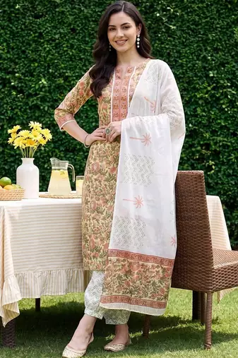 women floral printed regular cotton kurta with pyjamas & with dupatta