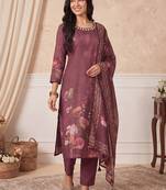 women floral printed regular mirror work linen kurta with trousers & with dupatta