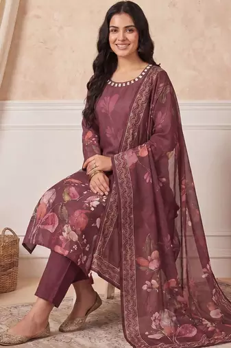 women floral printed regular mirror work linen kurta with trousers & with dupatta
