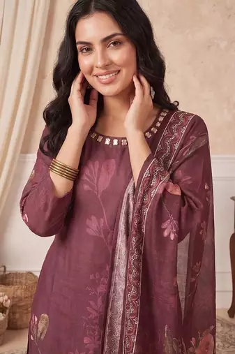 women floral printed regular mirror work linen kurta with trousers & with dupatta