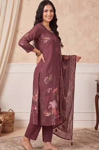 women floral printed regular mirror work linen kurta with trousers & with dupatta