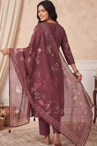 women floral printed regular mirror work linen kurta with trousers & with dupatta
